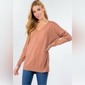 DREAMERS V-Neck Sweater Tunic Orange Neutral Long Sleeve Oversized Dolman Large